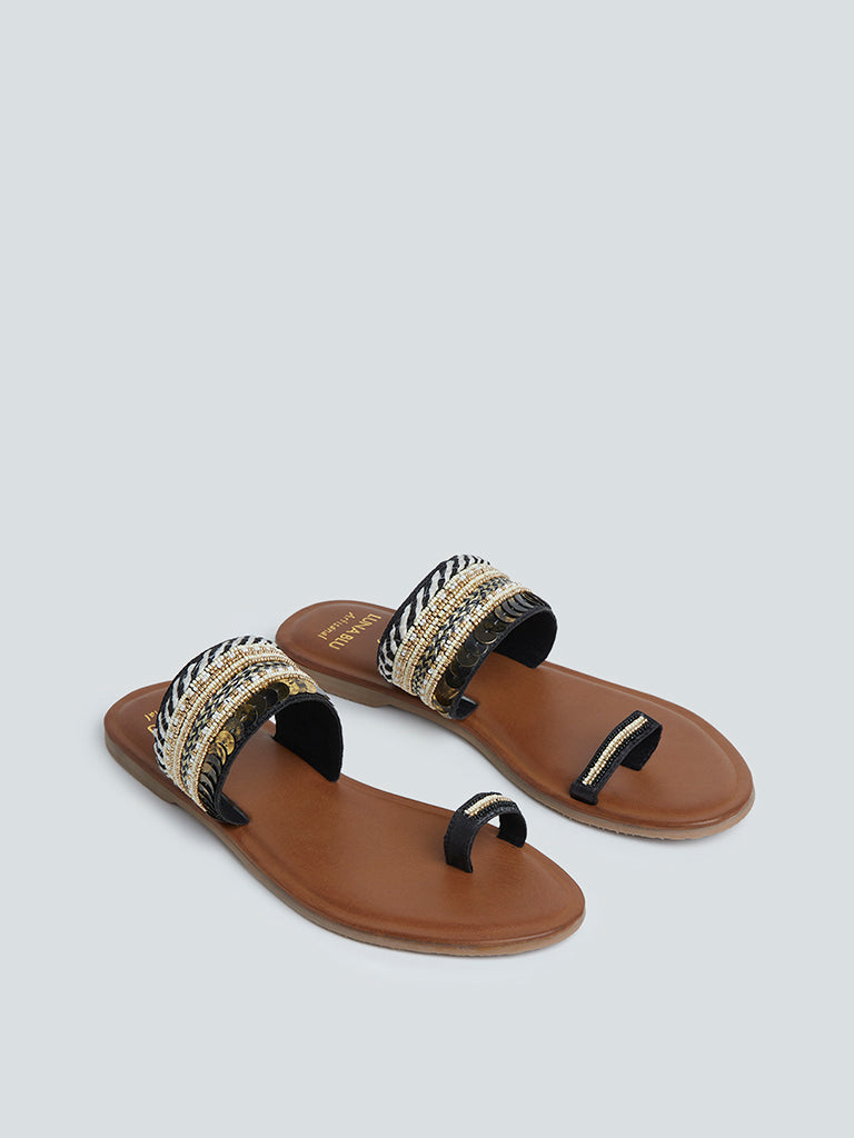 LUNA BLU Black Embellished Kolhapuri Sandals